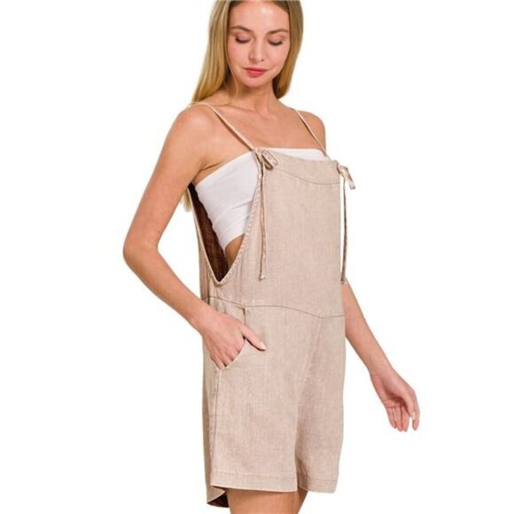 Zenana Washed Linen Knot Strap Rompers - Picture 2 of 3